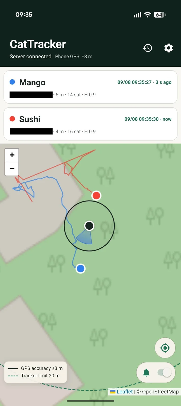 CatTracker Android app showing two trackers and their recent trails on a map