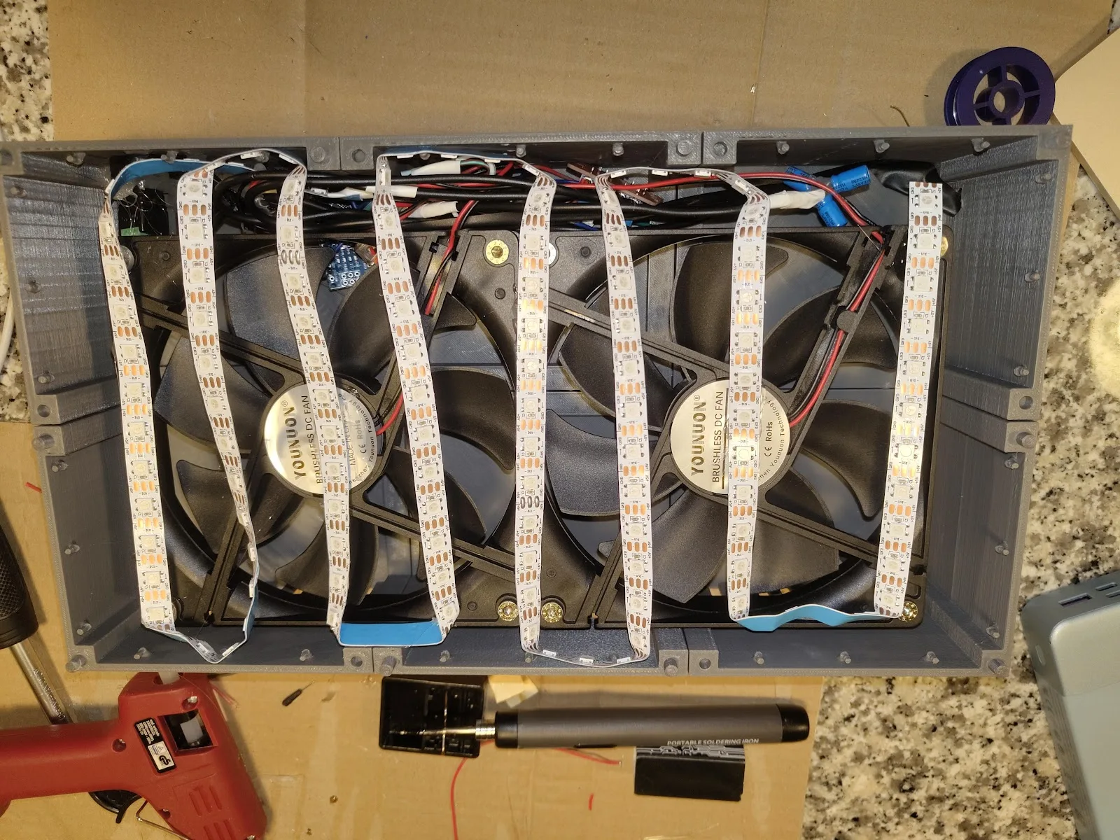 LED strips installed across the cooling fans
